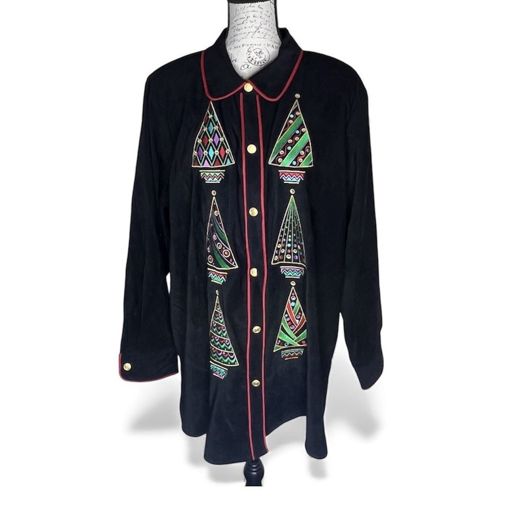 Bob Mackie Wearable Art Christmas Tree Button Up Blouse Women's 1X Vintage EUC
